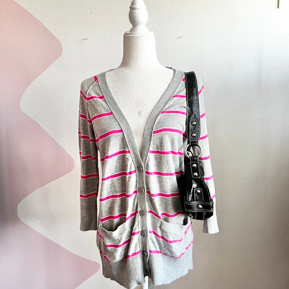 Pink Striped Cardigan, Y2K Indie Soft Girl Retro Tumblr Preppy Large